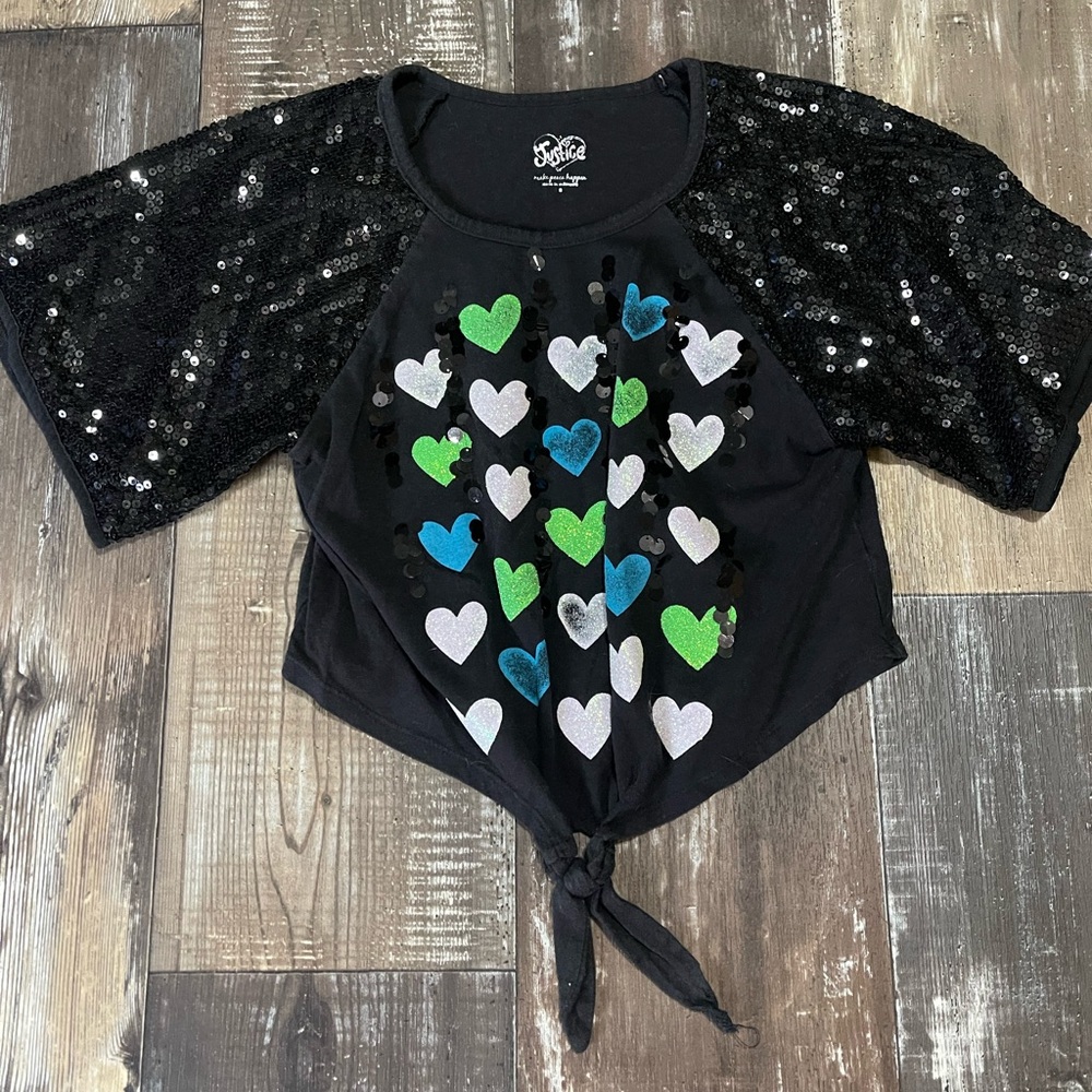 Justice Black Sequin Sleeve Heart Tie-Front Tee with Blue & Green Hearts